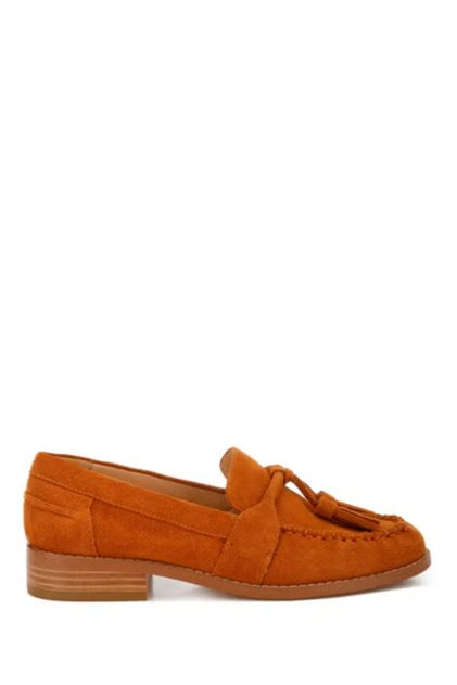 Women Tassels Detail Suede Loafers in Tan
