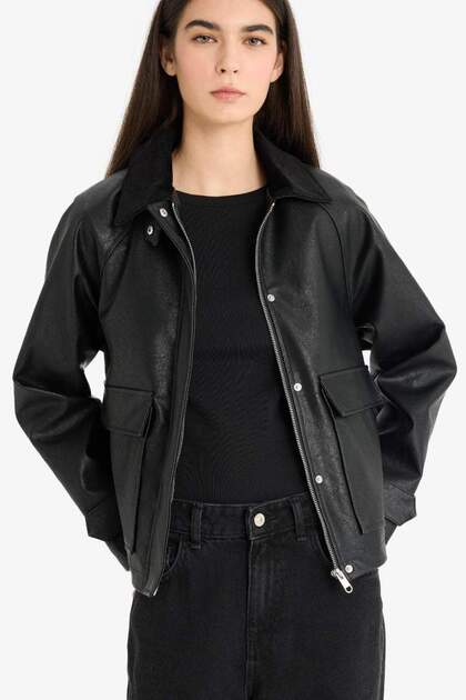 Regular Fit Polo Collar Faux Leather Jacket Coat E8537Ax25Au