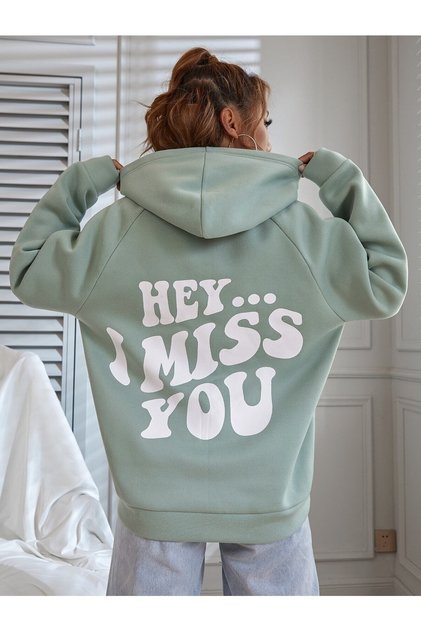 سويت شيرت بغطاء للرأس مكتوب عليه عبارة Hey I Miss You مقاس كبير
