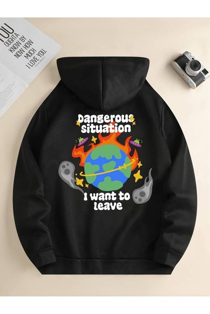 هوديي للجنسين من Dangerous Situation مطبوع قصة فضفاضة شتوي مكون من 3 خيوط 100% قطن K بغطاء رأس