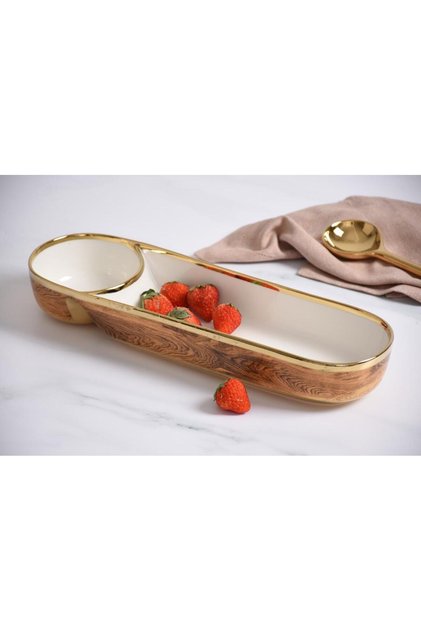 Beth & Lily – Naya Rustic Wood & Gold Ceramic Chip and Dip Server | Luxury Entertaining | UAE GCC Gift