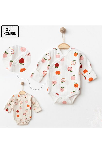 Premature Baby Cotton Apple Pattern Long Sleeve Swaddle Cruvaze Snap Closure Report 2-Piece Undershirt Body Zıbın
