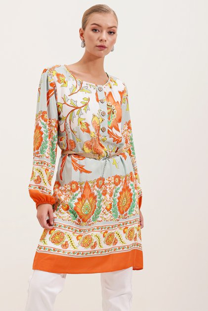Women's Belted Patterned Dress Orange 1142