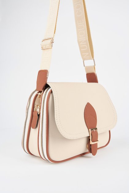 Women's Clover Cream Tan 4 Pocket Flap Zipper and Snap Closure Arm and Shoulder Bag
