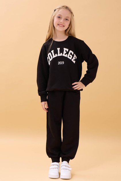 Girl's Crew Neck Embossed Lettering Detailed 2-Piece Tracksuit Set Without Sharps - Black