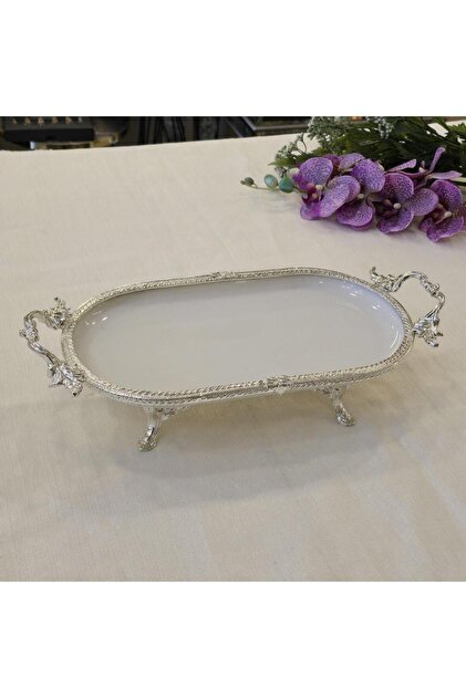 Metal Framed Oval Porcelain Serving Plate 25X15 cm Silver