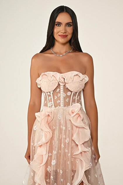 ALFABETA KADIN ABİYE STRAPLEZ KORSE TRANSPARAN TÜL DETAYLI ÇİÇEK