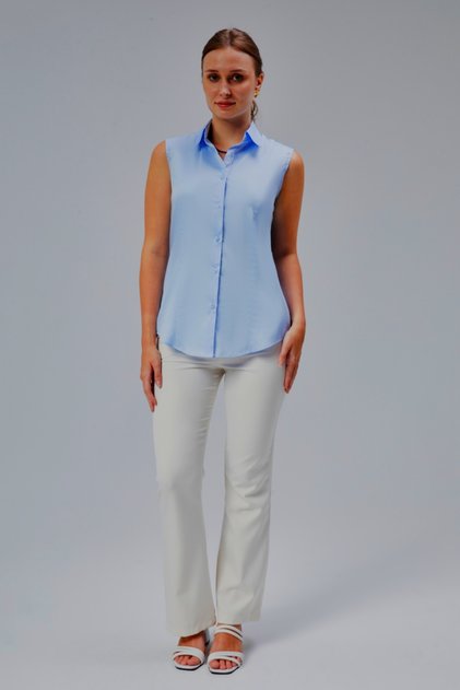 Light Blue Cotton Satin Lycra Zero Sleeve Blue-White Stripe Fabric Detail Slim Fit Women's Shirt