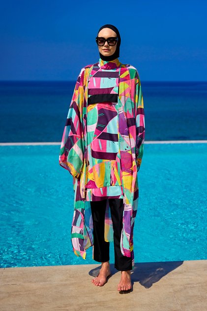 Colorful Patterned Full Length Tulle Pareo Kaftan Rp2511
