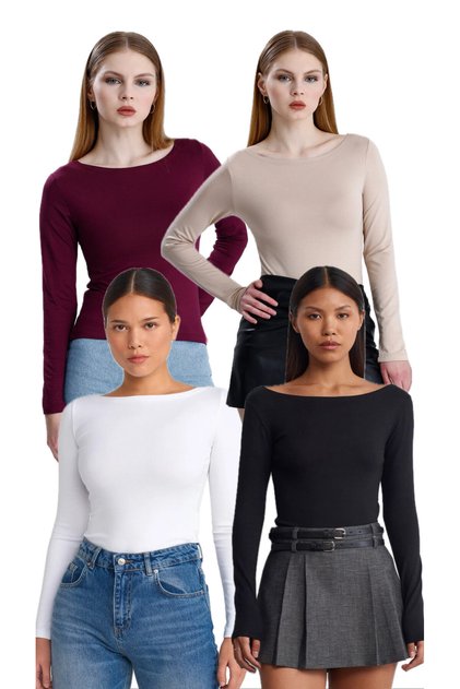 Boat Neck Long Sleeve 4-Piece Ball-Shirt Black White Cream Damson