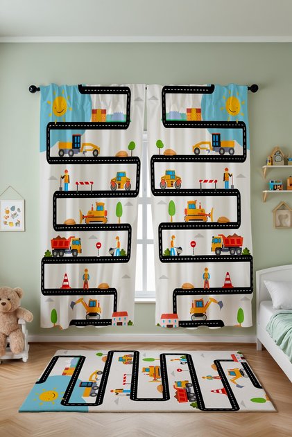 Engineering Vehicle Game Patterned Children's Baby Room Background Curtain (Single Wing Pricing)