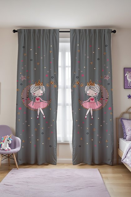 Princess Patterned Children's Baby Room Background Curtain on Gray (Single Wing Pricing)