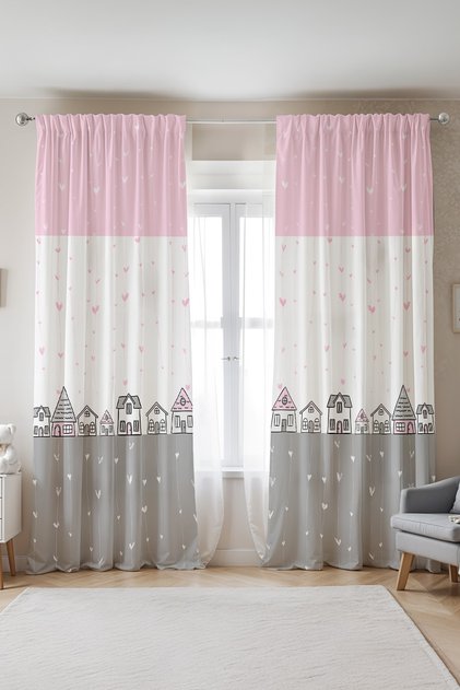 Pink Gray Houses Patterned Children's Baby Room Background Curtain (Single Wing Pricing)