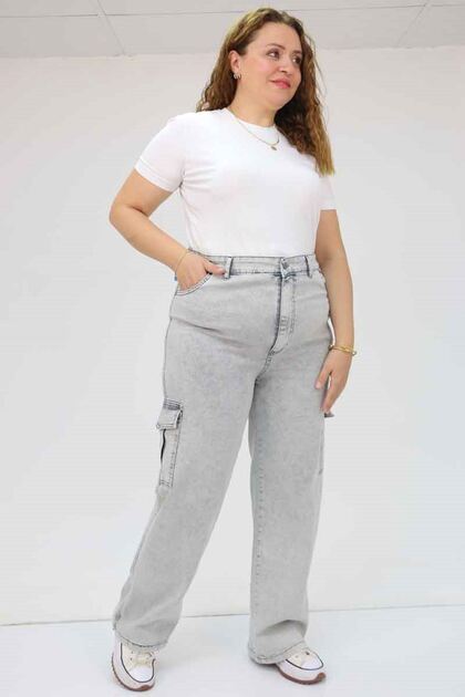49031 Plus Size Side Pocket Jeans - Snow Wash Gray
