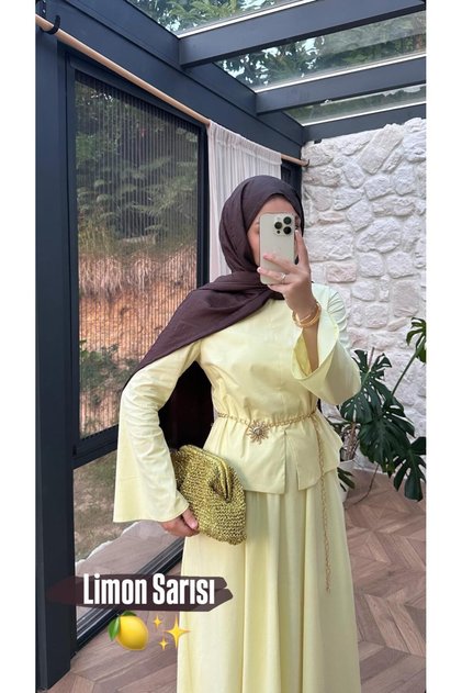 Lemon Yellow Lined Lady Hijab Suit (with Belt Gift)