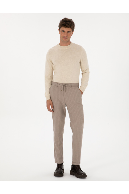 Beige Striped Carrot Fit Elastic Waistband Canvas Trousers 50310891-Vr011