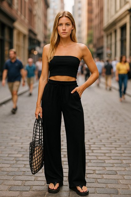 Women's Loose Wide Leg Elastic Waist Black Trousers