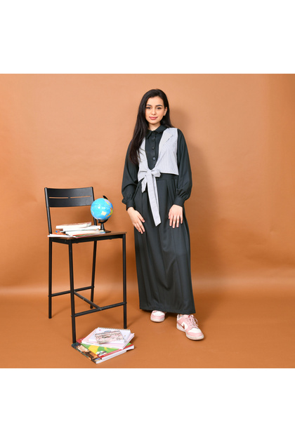 Stylish long-sleeved apron with a formal collar, accompanied by a striped vest with a tie for a modern and distinctive look - Medium (Olive)