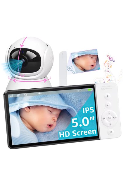 Monitor pentru bebeluși WiFi 2 în 1 cu cameră audio-video multi-view, vedere nocturnă UltraHD/5”, rotație 355°/90°