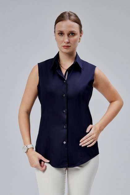 Navy Blue Cotton Satin Lycra Zero Sleeve Stripe and Button Detailed Slim Fit Women's Shirt