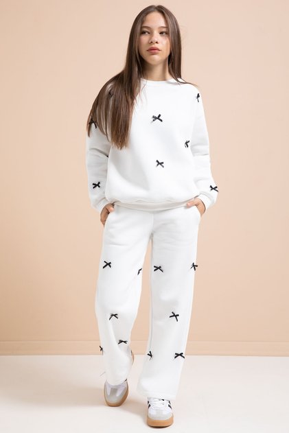 White Bow Embroidered Crew Neck Girl's Hooded Tracksuit Set 21289