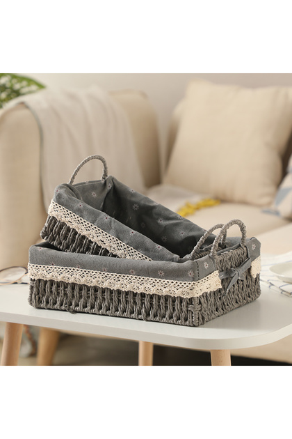 Set of 2 Handwoven Storage Baskets with Handles Rectangular Woven Bins with Removable Fabric Liners