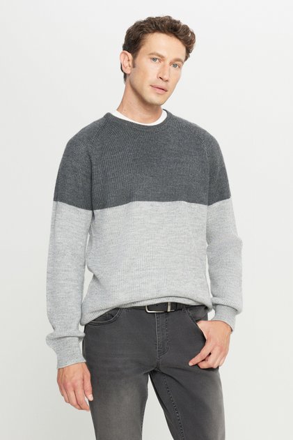 Men's Anthracite-Melange Standard Fit Regular Cut Crew Neck Jacquard Knitwear Sweater