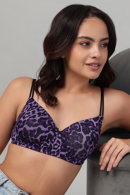Padded Non-Wired Full Coverage Animal Print T-shirt Bra in Dark Purple with Dual Straps