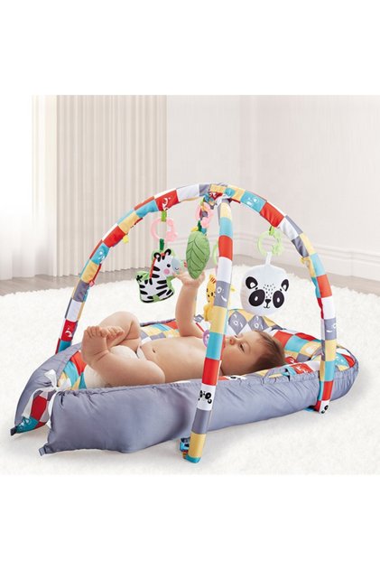 Cuib Interactiv 3 in 1, Saltea de Joaca cu Jucarii Suspendate, Protectie 360°, Pliabila, 91x55x41 cm