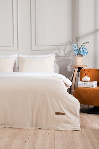 Linda Cream Velvet Double Duvet Cover Set 200x220 with 4 Pillows 5007