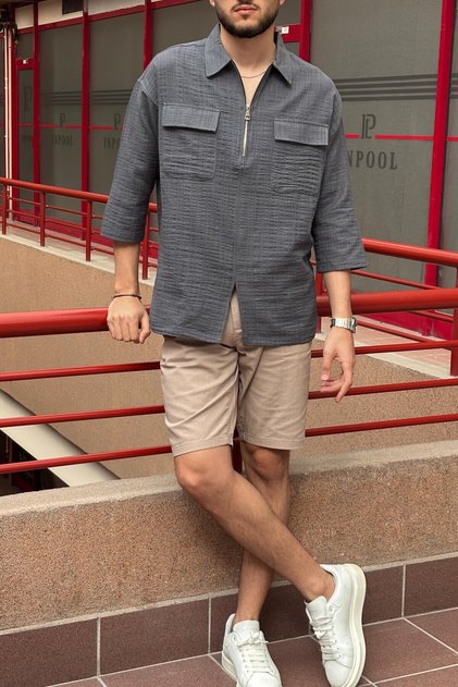 Male, Half Metal Zipper, Shirt Collar, Linen Blend, Woven, Oversize Shirt G12
