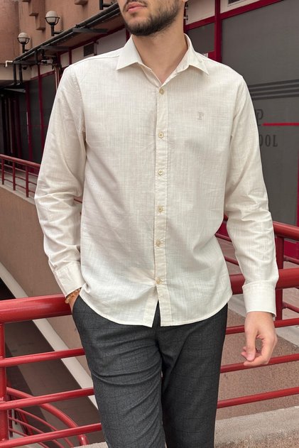 Men'S, Shirt Collar, Regular Fit, Cotton, Linen Woven, Old Money Culture, Embroidery Detailed Shirt G10