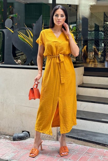 Mustard V-Neck, Short Sleeve, Airobin Fabric, Shoulder Detail, Belted/Belted, Front Slit Maxi Dress