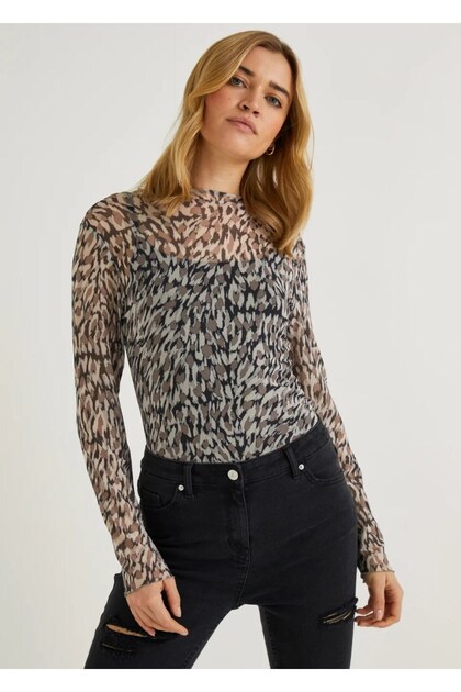 Lupinn Fashion Women's Patterned Transparent Tulle Body | Long Sleeve Stretchy Slim Fit | Leopard & Zebra Pattern - Y