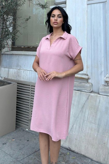 Powder Polo Collar Textured Comfortable Midi Dress