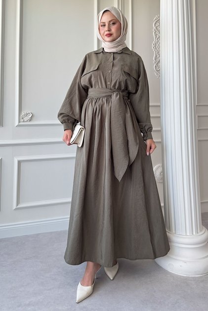 Double Pocket Balloon Sleeve Khaki Skirt Suit