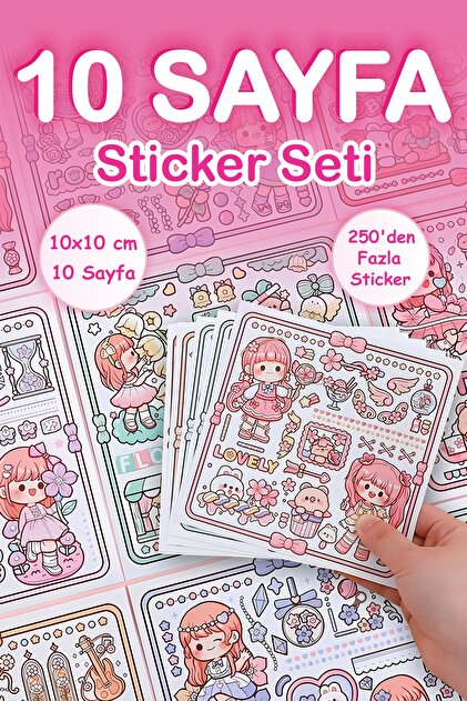 10 Sayfa Sevimli Kız ve Ayıcık Sticker Seti - Kalem Defter Suluk Özel Kesimli Etiket Seti