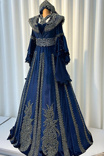 ZK ZÜMRÜT KAFTAN KADİFE LACİVERT BİNDALLI KAFTAN KINA GECESİ