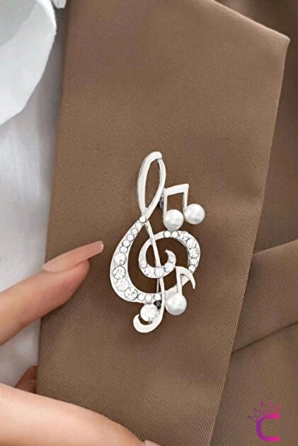 Cinderella Sol Anahtarı Zirkon Taşlı İncili Broş Gümüş Renk