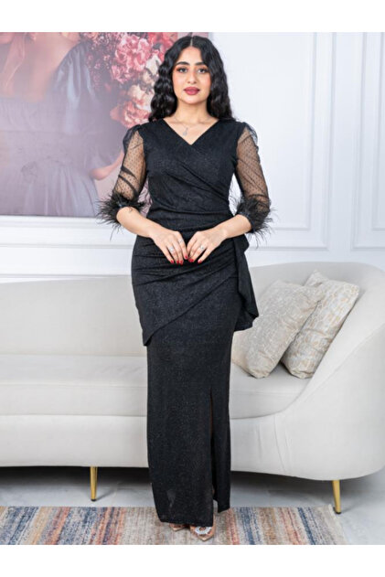 Nice Model Black sequined evening dress, sleeveless, chiffon, V-neck, formal  dress, suitable for cocktail parties- Trendyol