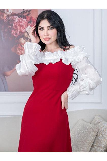 ZAYIA Red evening dress with long sleeves, elegant formal dress with ruffles,  suitable for women's parties- Trendyol