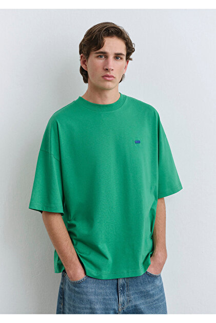 Mavi Bisiklet Yaka Yeşil Basic Tişört Oversize / Geniş Kesim