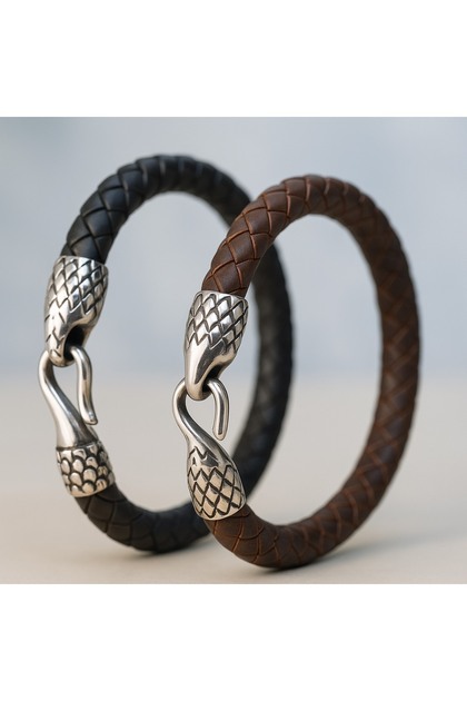 Men's Leather Bracelet and Snake Chain Necklace Set /Snake Chain with Gift