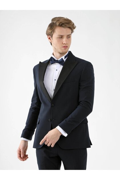 Men's Slim Fit Pointed Collar Long Sleeve Navy Blue Tuxedo
