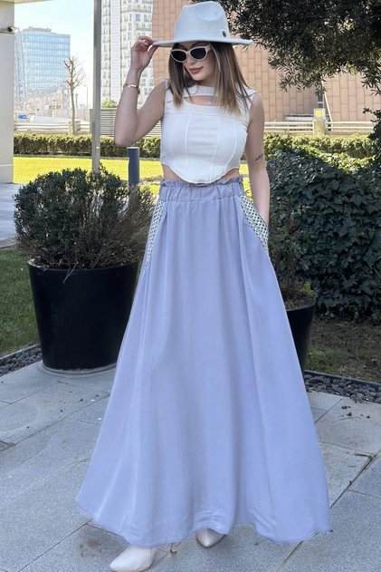 Women's Gray Elastic Waist, Pockets Straw Embroidered, Comfortable Fit, Long Kiloş Skirt