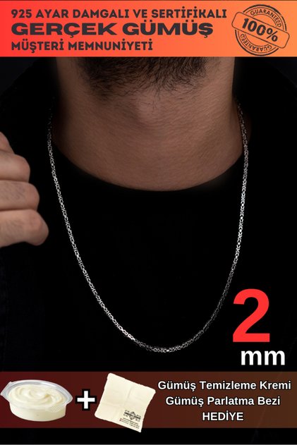Erkek Gümüş Kolye - 2mm Kare Kral Model 925 Ayar Gümüş Erkek Kolye Zincir 249540197