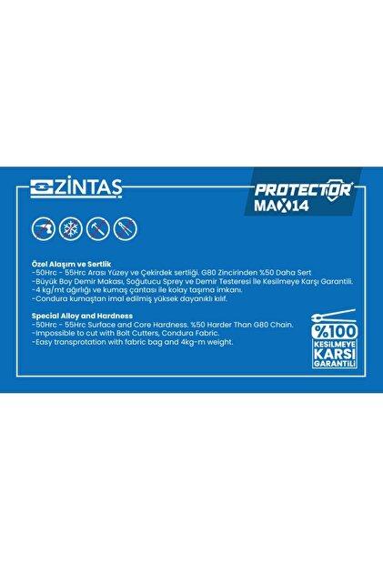 Zintaş Protector Max14 Motosiklet Kesilmez Zincir Kilit 14mm 150cm