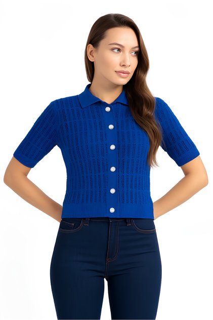 RTD & VLD Women's Pearl Buttoned Short Sleeve Knit Blouse
