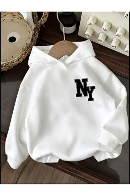 Baxia BEYAZ RENK LA Baskılı Kız/Erkek Çocuk Kapüşonlu Sweatshirt