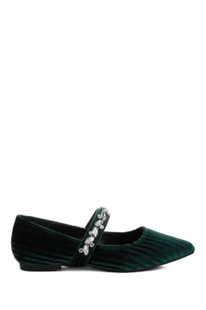 Women Diamante Brooch Velvet Ballerinas in Green